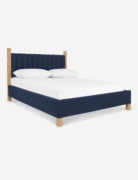 #size::cal-king #size::king #color::dark-blue #size::queen | Angled view of the Ambleside dark blue velvet bed