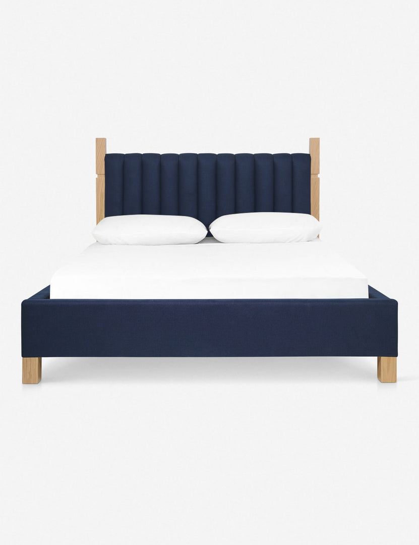 #size::cal-king #size::king #color::dark-blue #size::queen | Ambleside dark blue velvet upholstered bed with a wood-post bed frame and a headboard with vertical channeling by Ginny Macdonald