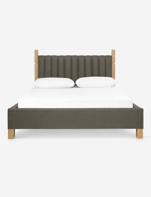 Ambleside Loden Gray linen upholstered bed with a wood-post bed frame and a headboard with vertical channeling by Ginny Macdonald