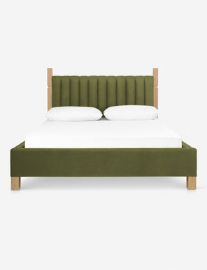 Ambleside Jade Green Velvet upholstered bed with a wood-post bed frame and a headboard with vertical channeling by Ginny Macdonald