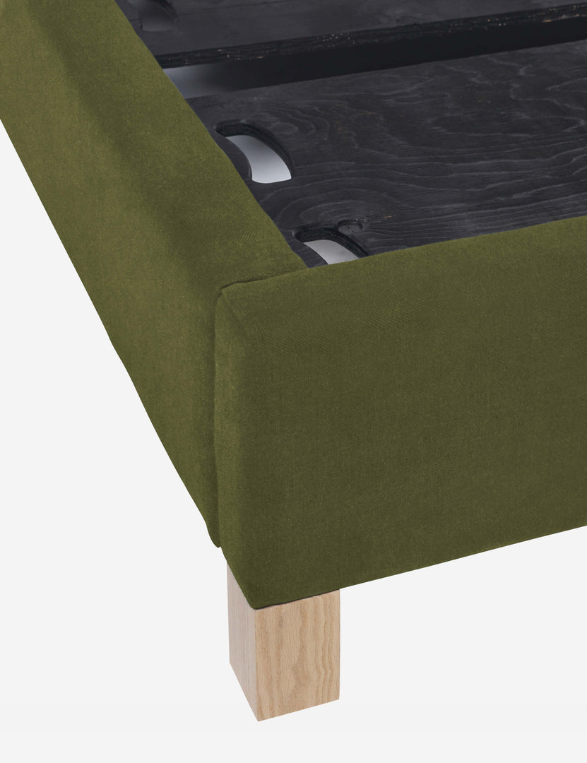 #size::cal-king #size::king #color::jade #size::queen | Corner and inside of the Ambleside Jade Green Velvet bed