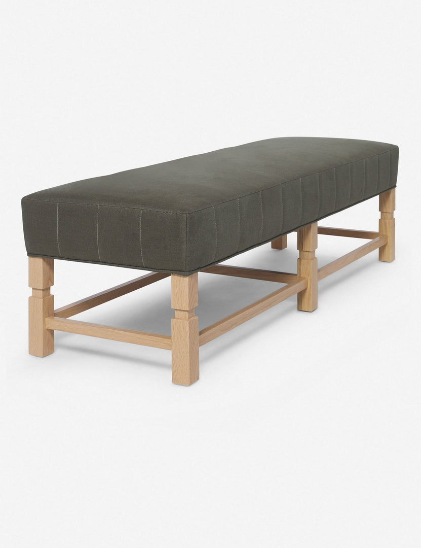 #color::loden | Angled view of the ambleside loden gray linen bench