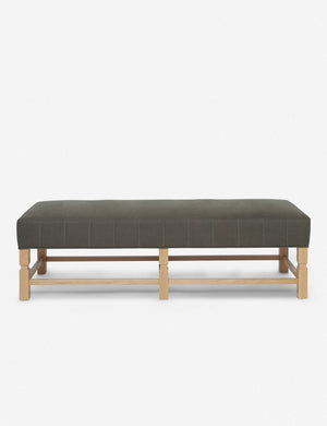 Ambleside upholstered loden gray linen bench with carved detailing on the frame and vertical channeling around the cushion by Ginny Macdonald