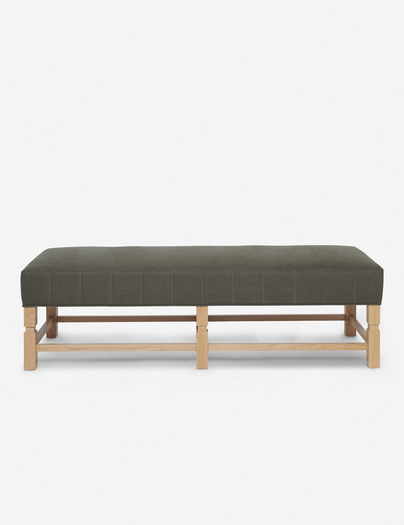 #color::loden | Ambleside upholstered loden gray linen bench with carved detailing on the frame and vertical channeling around the cushion by Ginny Macdonald