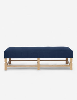 Ambleside Dark Blue linen upholstered bench with carved detailing on the frame and vertical channeling around the cushion by Ginny Macdonald