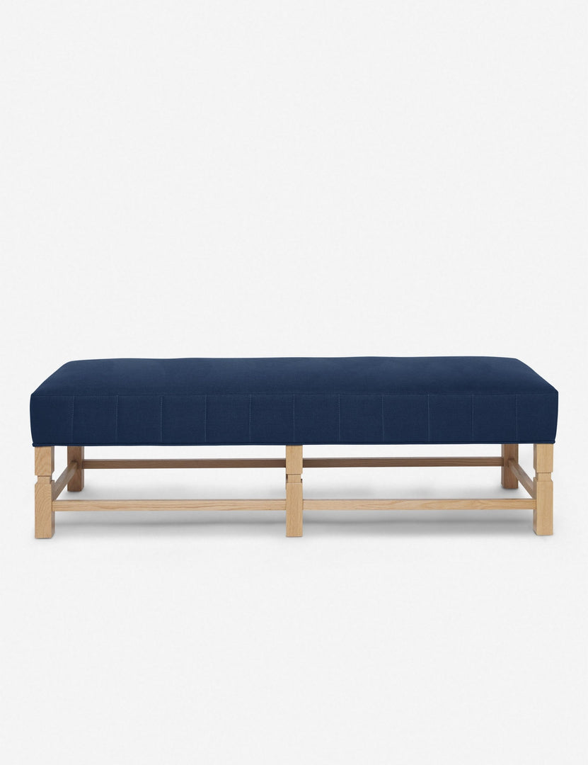 #color::dark-blue | Ambleside Dark Blue linen upholstered bench with carved detailing on the frame and vertical channeling around the cushion by Ginny Macdonald