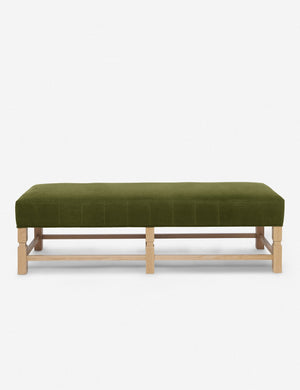Ambleside Jade green velvet upholstered bench with carved detailing on the frame and vertical channeling around the cushion by Ginny Macdonald
