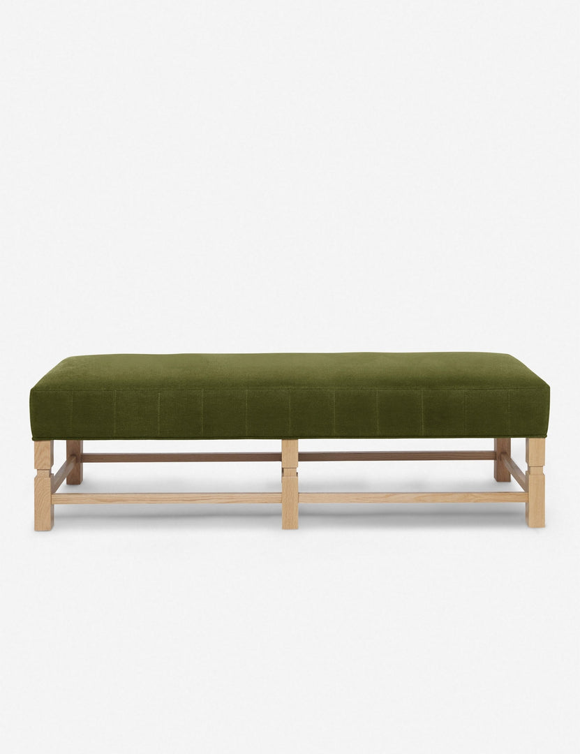 #color::jade | Ambleside Jade green velvet upholstered bench with carved detailing on the frame and vertical channeling around the cushion by Ginny Macdonald