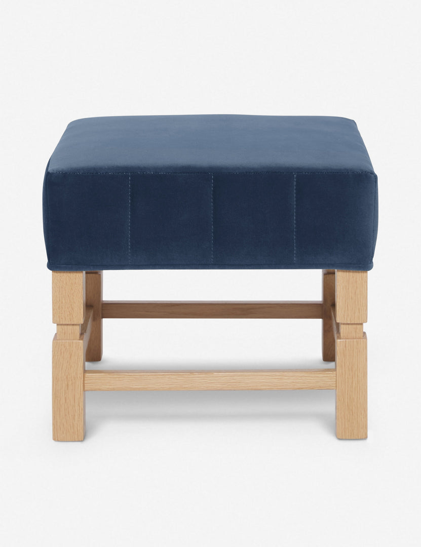 #color::harbor | Ambleside Harbor blue velvet upholstered ottoman by Ginny Macdonald with a carved frame and vertical channeling on the cushion