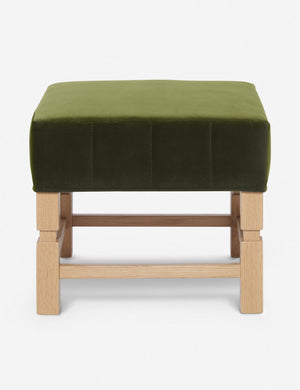 Ambleside Jade green velvet upholstered ottoman by Ginny Macdonald with a carved frame and vertical channeling on the cushion