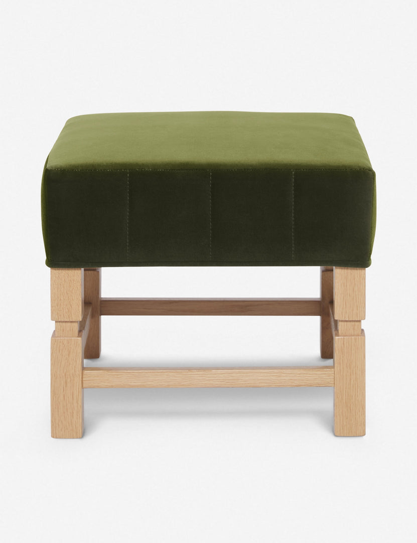 #color::jade | Ambleside Jade green velvet upholstered ottoman by Ginny Macdonald with a carved frame and vertical channeling on the cushion