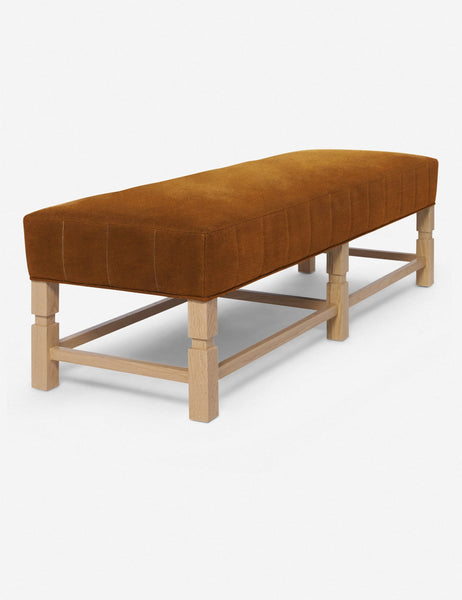 #color::cognac | Ambleside Cognac velvet upholstered bench with carved detailing on the frame and vertical channeling around the cushion by Ginny Macdonald