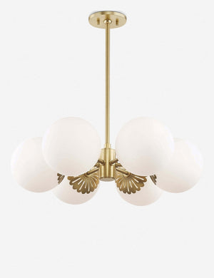 Annetta golden chandelier with frosted globe bulbs and filigree detailing