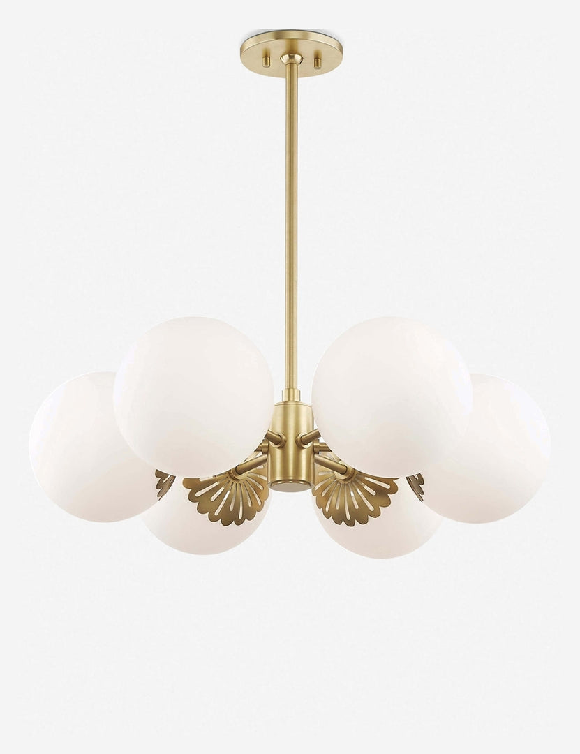 | Annetta golden chandelier with frosted globe bulbs and filigree detailing