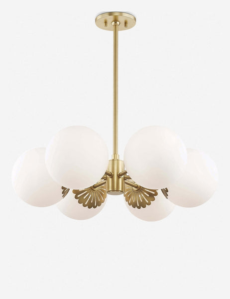 | Annetta golden chandelier with frosted globe bulbs and filigree detailing