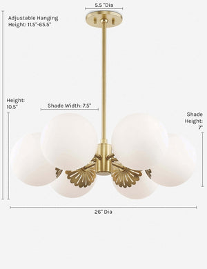 Dimensions on the Annetta golden chandelier with frosted globe bulbs and filigree detailing