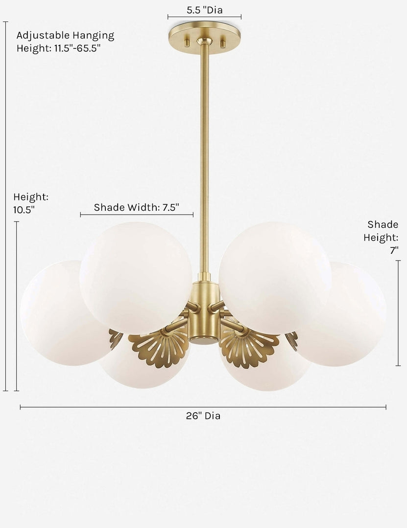 | Dimensions on the Annetta golden chandelier with frosted globe bulbs and filigree detailing