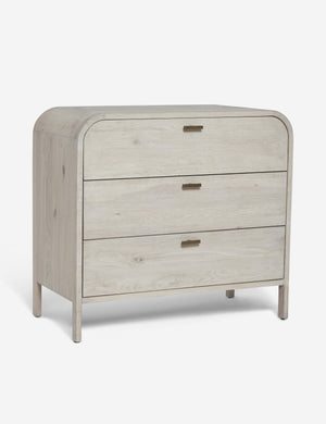 Angled view of the Brooke 3-drawer white-washed oak dresser