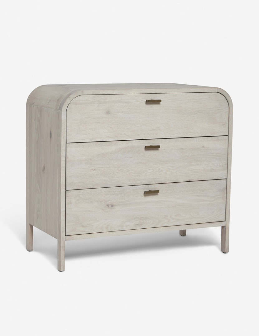 #color::natural | Angled view of the Brooke 3-drawer white-washed oak dresser 
