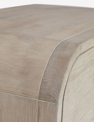Close-up of the rounded corner on the Brooke 3-drawer white-washed oak dresser