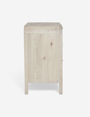 Side of the Brooke 3-drawer white-washed oak dresser