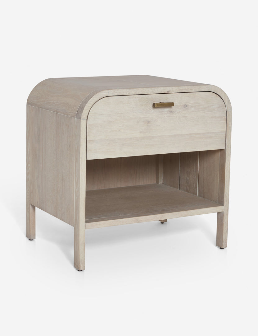 #color::natural | Angled view of the Brooke one drawer whitewashed nightstand