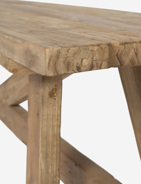 | Close-up of the joinery detailing of the Arlene craftsman-style antiqued teak wood bench