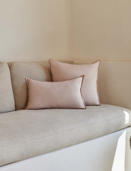 #color::greige #style::square | The arlo Greige flax linen pillow in its lumber and square sizes sit together on a natural linen sofa