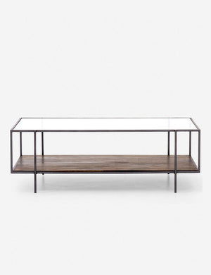 Asher rectangular coffee table with a lower wooden shelf and top glass shelf
