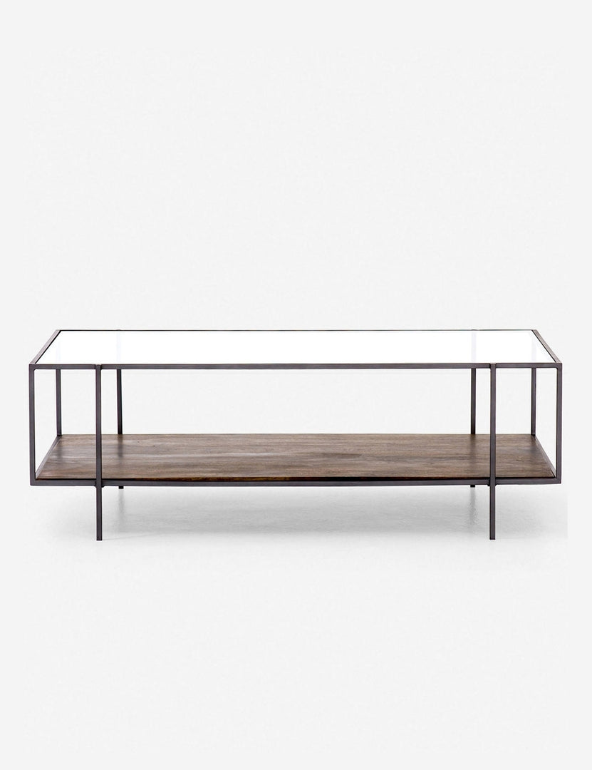 | Asher rectangular coffee table with a lower wooden shelf and top glass shelf