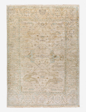 Fatima natural-toned hand-knotted distressed rug with a traditional motif