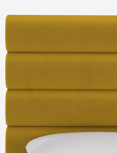 #size::cal-king #size::full #size::king #size::queen #color::citronella-velvet #size::twin | The horizontal tufted headboard on the Bailee Citronella Velvet platform bed