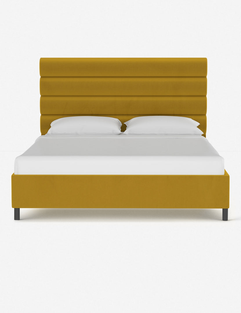 #size::cal-king #size::full #size::king #size::queen #color::citronella-velvet #size::twin | Bailee Citronella Velvet platform bed with a horizontal tufted headboard