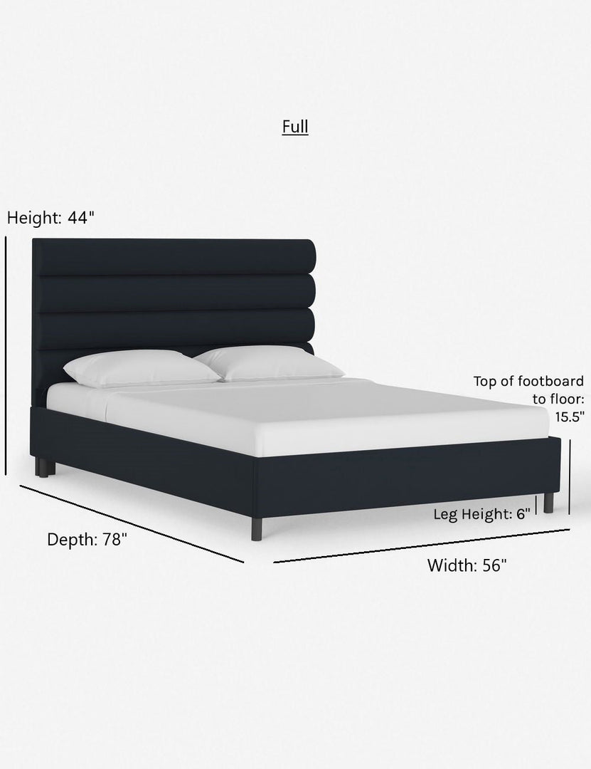 #color::navy-velvet #size::full | Dimensions on the full sized bailee navy velvet platform bed