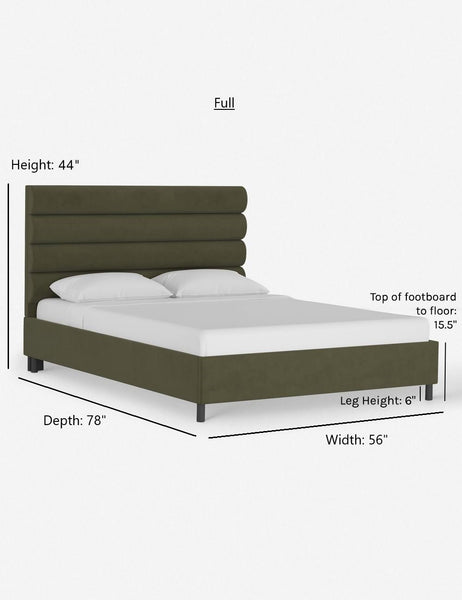 #color::moss #size::full | Dimensions on the full sized bailee moss velvet platform bed