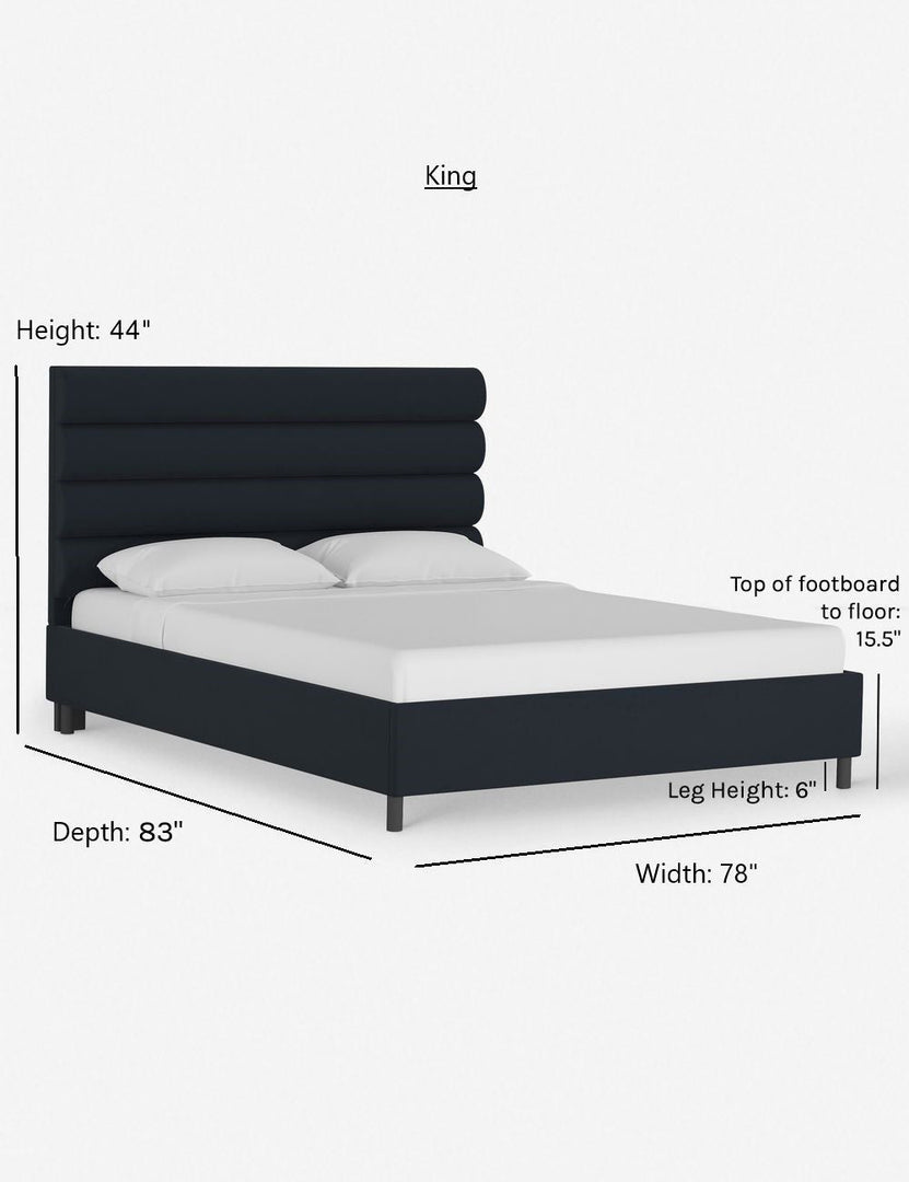 #color::navy-velvet #size::king | Dimensions on the queen sized bailee navy velvet platform bed