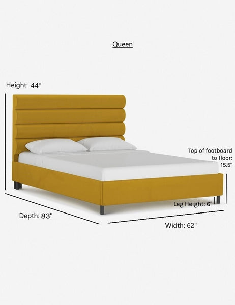 #size::queen #color::citronella-velvet | Dimensions on the queen sized bailee citronella velvet platform bed