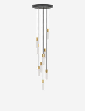 Basalt slender hexagonal 9-light pendant light by tala with brass hardware with the light off