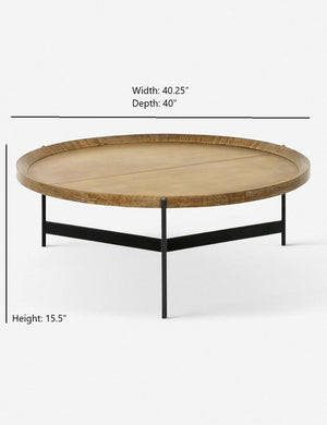Dimensions on the Becca coffee table with rimmed oak top and iron tripod-style base