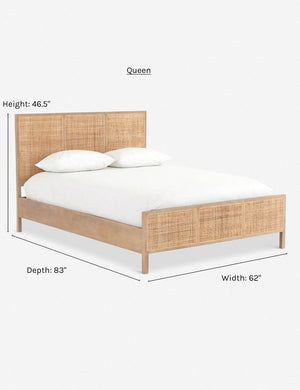 Dimensions for the Hannah bed with light wood cane bed frame.