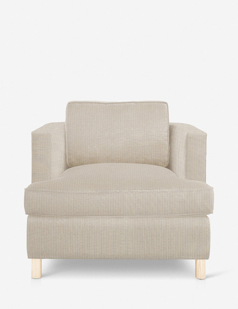 #color::stripe | Belmont Stripe linen accent chair by Ginny Macdonald with a curved back and oversized plush cushions
