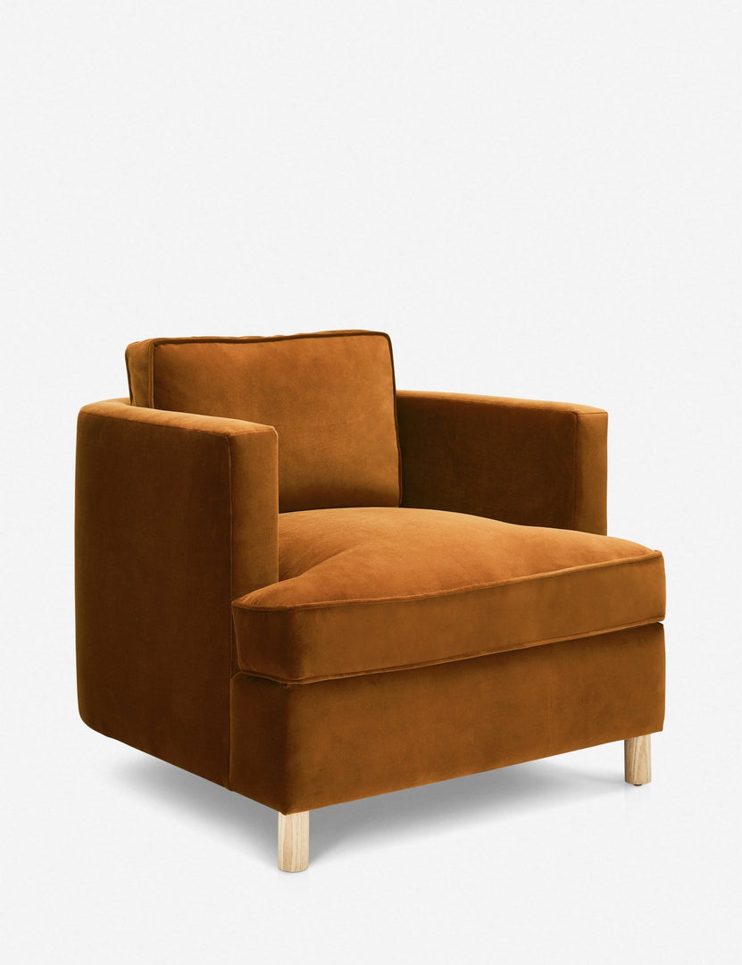 #color::cognac | Angled view of the Belmont Cognac velvet accent chair