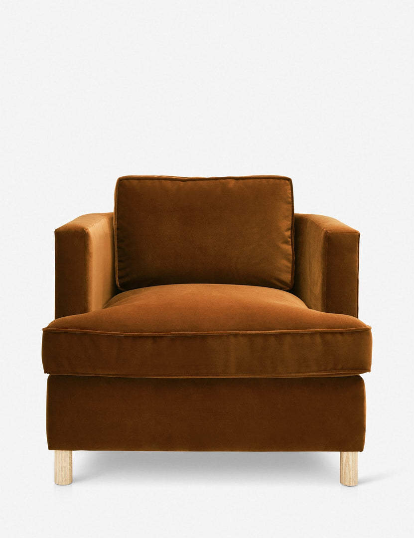 #color::cognac | Belmont Cognac velvet accent chair by Ginny Macdonald with a curved back and oversized plush cushions