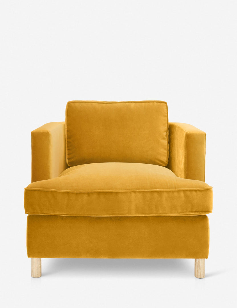 #color::goldenrod-velvet | Belmont goldenrod velvet accent chair by Ginny Macdonald with a curved back and oversized plush cushions