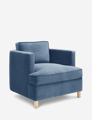Angled view of the Belmont Harbor blue velvet accent chair