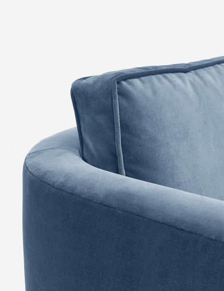 #color::harbor | Close-up of the curved back on the Belmont Harbor blue velvet accent chair