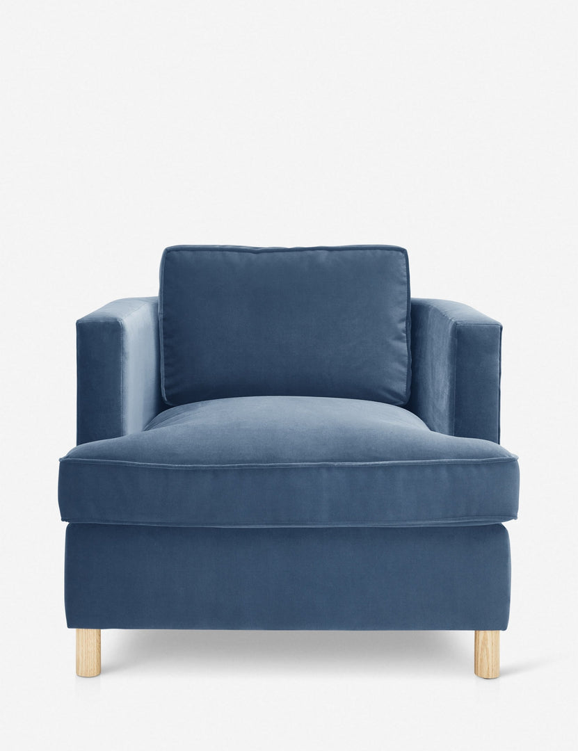 #color::harbor | Belmont Harbor blue velvet accent chair by Ginny Macdonald with a curved back and oversized plush cushions