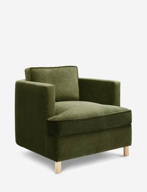 Angled view of the Belmont Jade green velvet accent chair