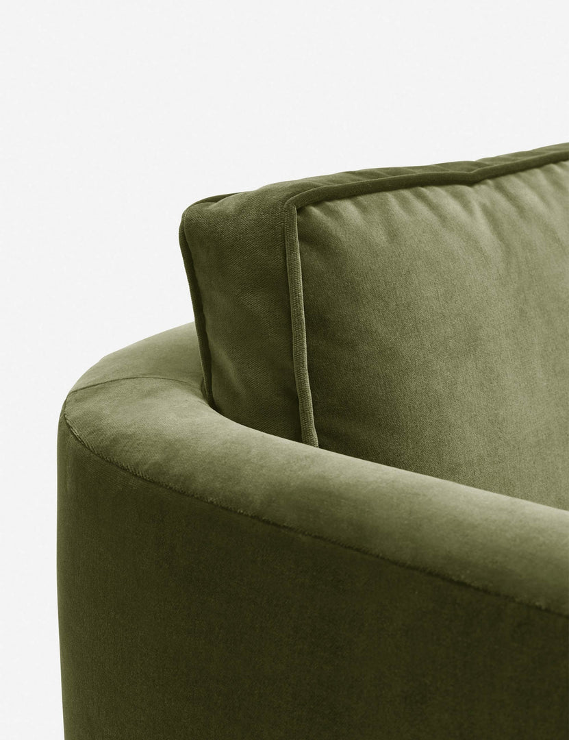 #color::jade | Close-up of the curved back on the Belmont Jade green velvet accent chair