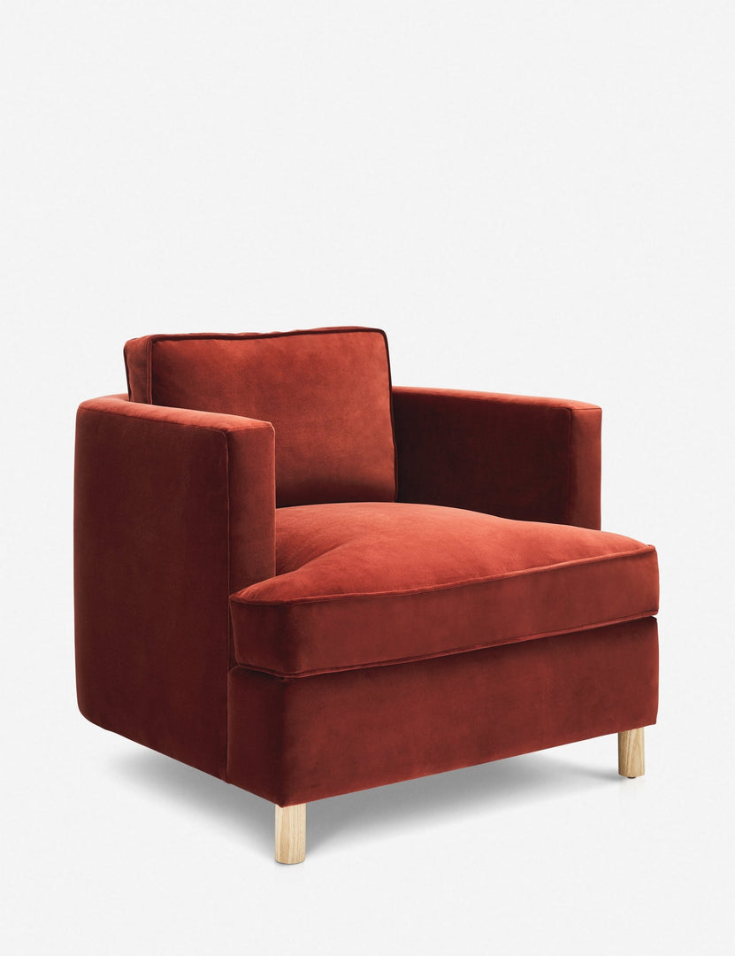 #color::paprika | Angled view of the Belmont Paprika red velvet accent chair